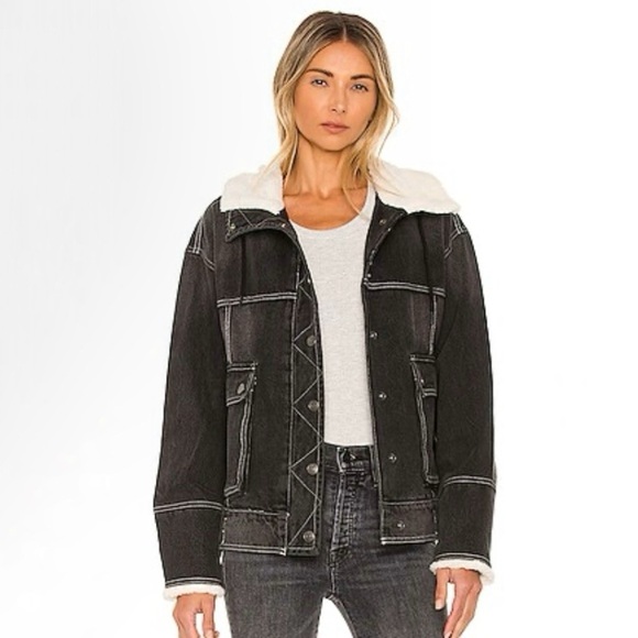 Free People We The Free Ariel Cozy Denim Bomber Jacket Washed Black Medium - Picture 1 of 16